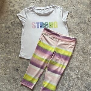 Activewear 'I Am Strong' T-Shirt and Striped Capri Leggings Set